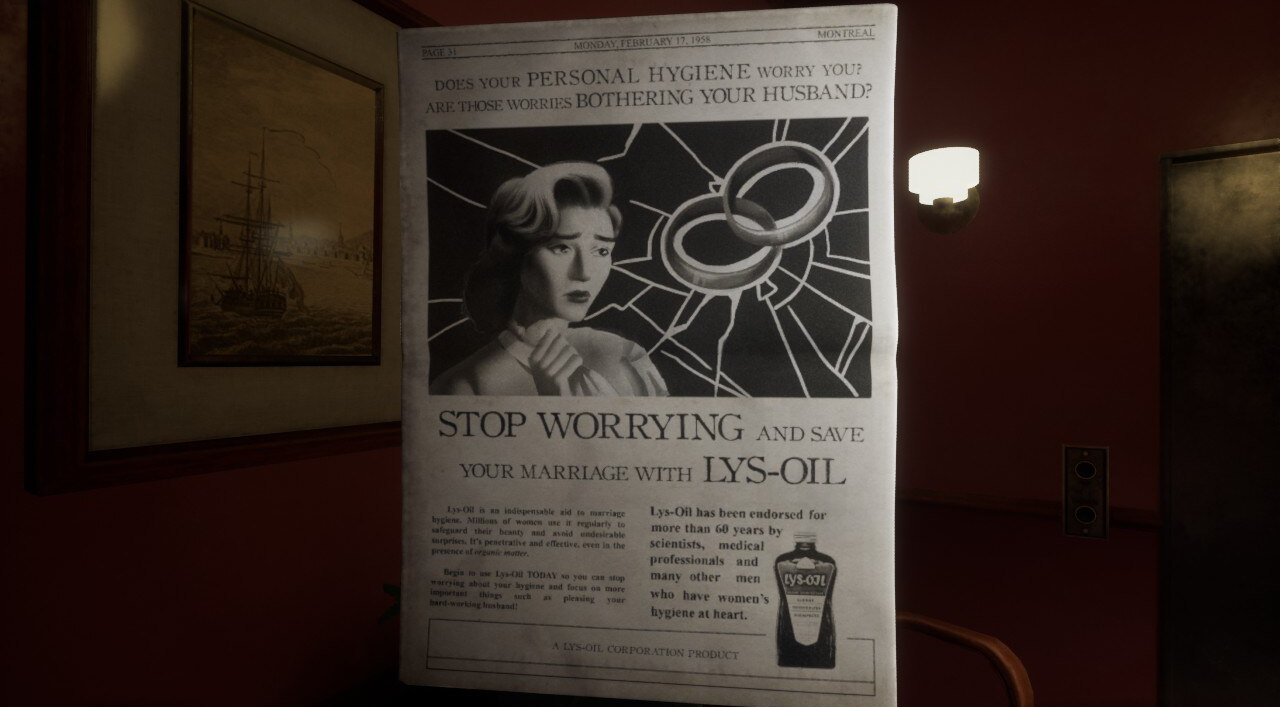 A screenshot of the game. A newspaper article titled Stop worrying and save your marriage with LYS-OIL. 