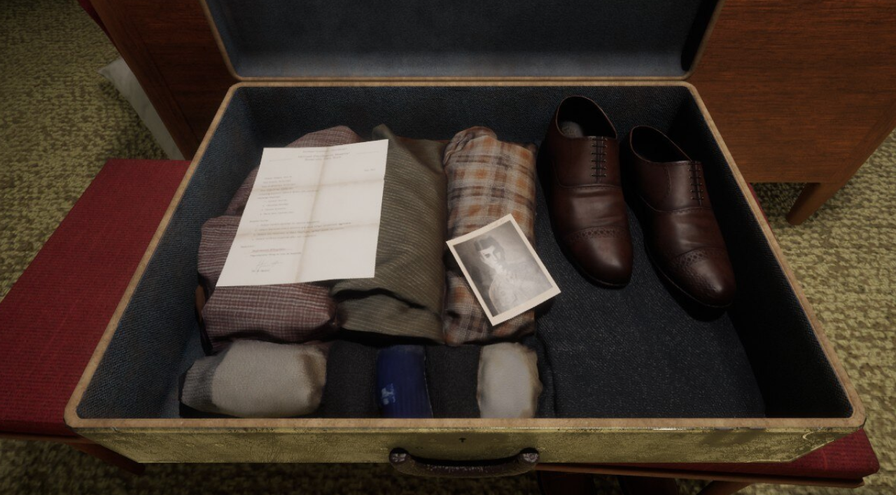 Screenshot. An open trunk, a picture of a male soldier, a letter, clothes and a pair of shoes.