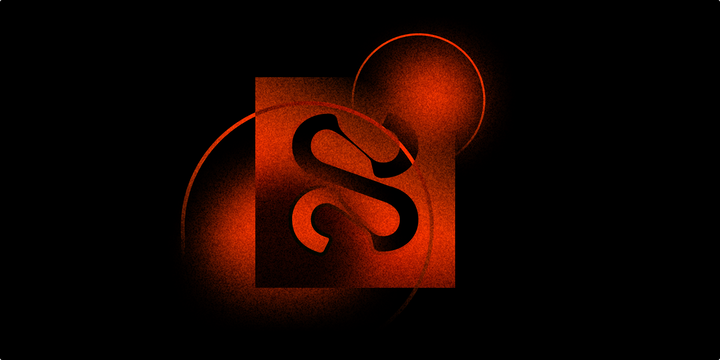 An Abstract Letter S in the middle of a square and two ovals overlapping the square shape. Everything is in orange and black.