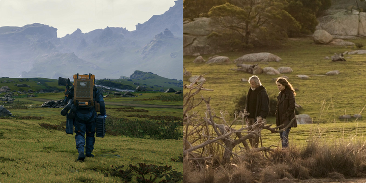 Left: A lone man traverses a wide grassland, burdened with bags. Right: Two people. standing in an open field.