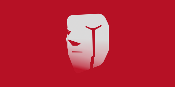 Red background, there is white face, almost like a mask, eyes shut but weeping red tears.