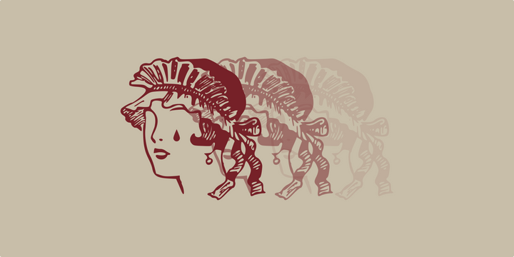 An old illustration probably from 1920s depicting a maid's head. She has no eyes but there is a red tear on her face.
